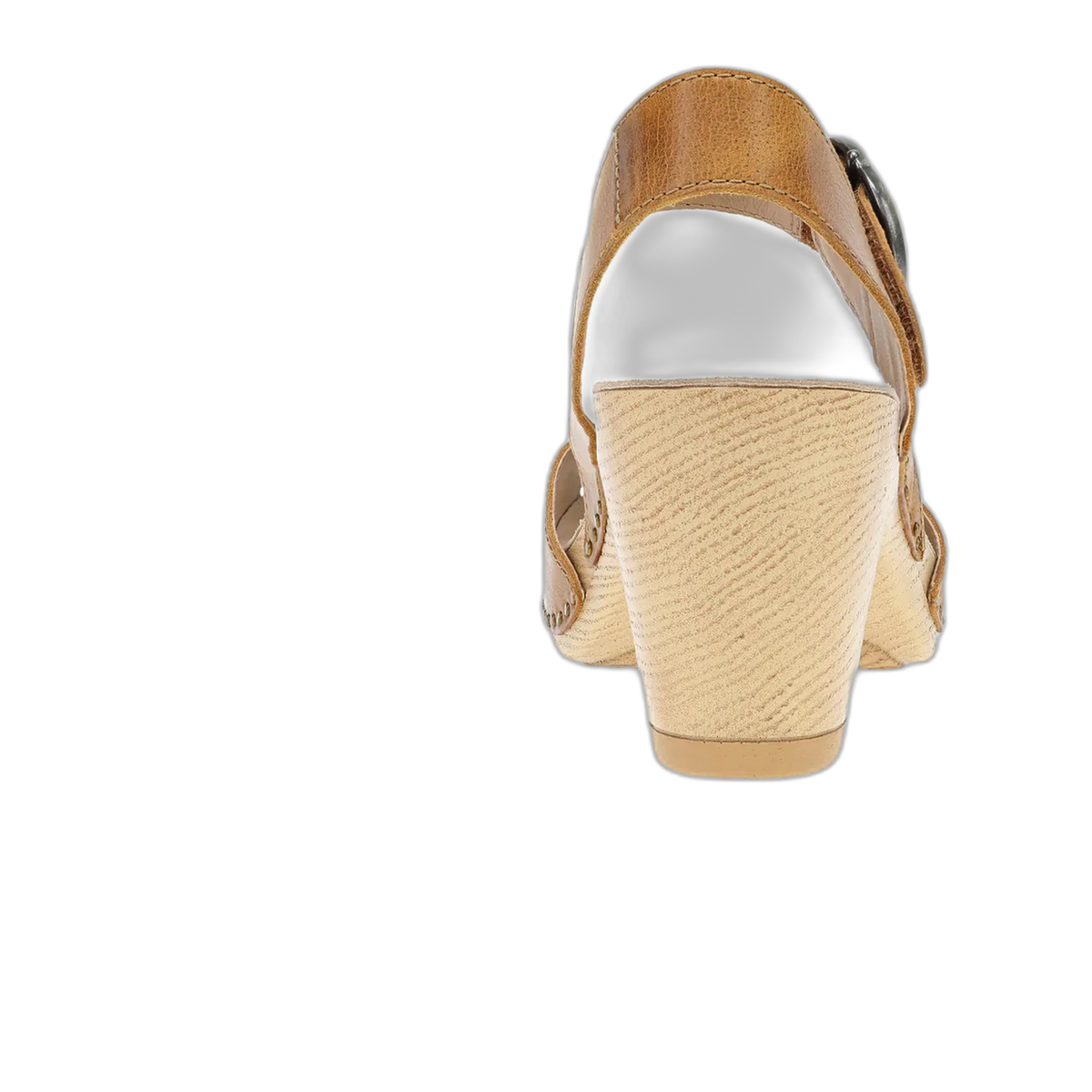 Rear view of a womens wedge sandal with tan leather upper and natural wood-wrapped heel