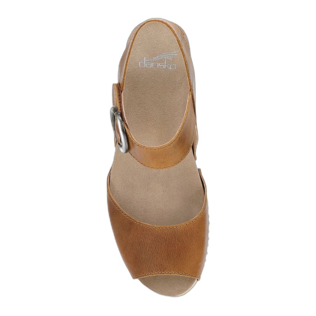Dansko Tamra women's peep-toe sandal with ankle strap and buckle, top-down view