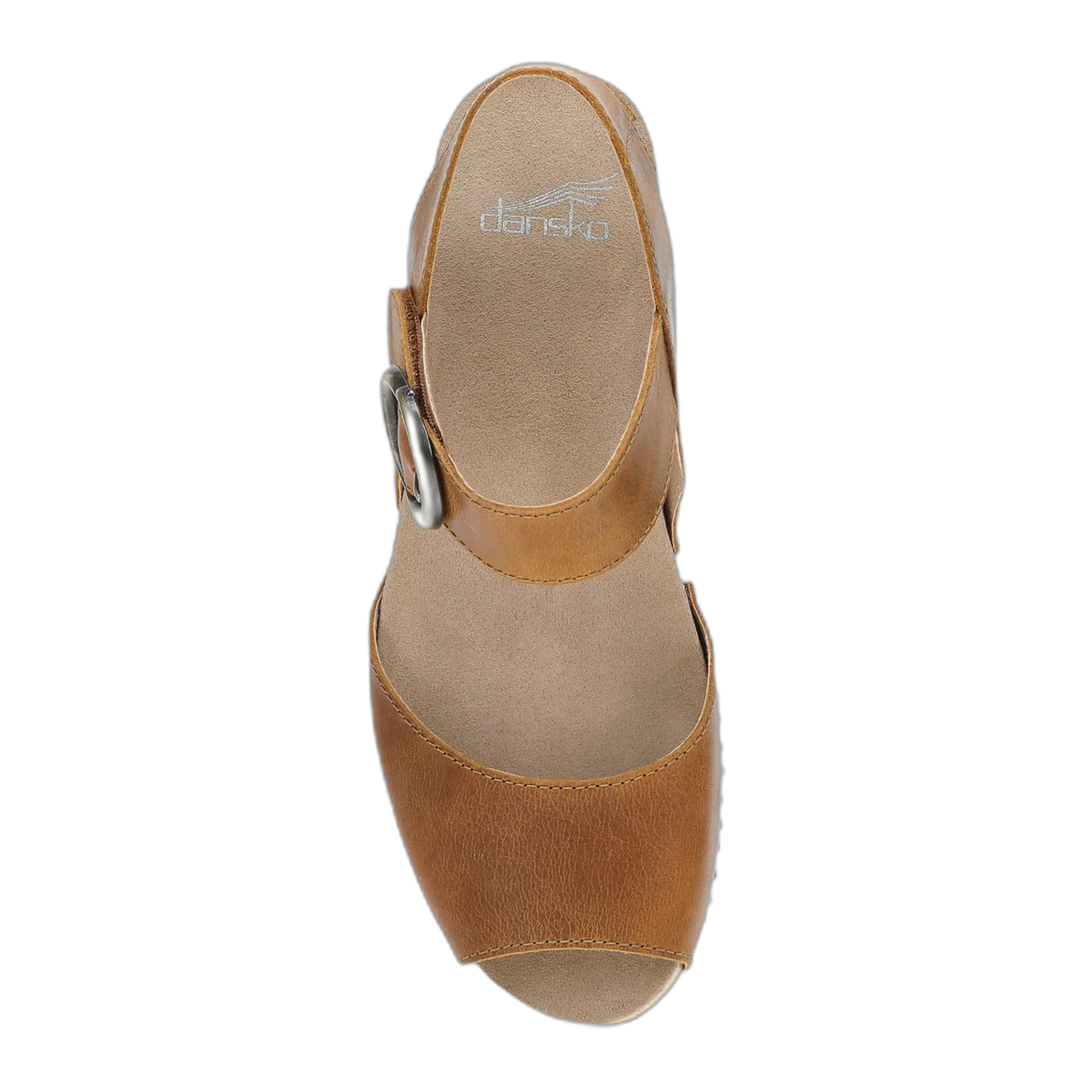 Dansko Tamra women's peep-toe sandal with ankle strap and buckle, top-down view