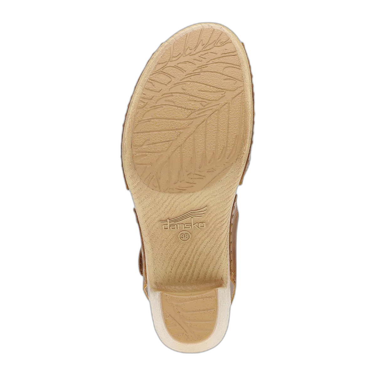Bottom sole view of Dansko womens clog sandal showing leaf-pattern tread and wooden midsole