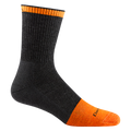 Darn Tough men's micro crew sock with orange toe cap and cuff stripe on black background