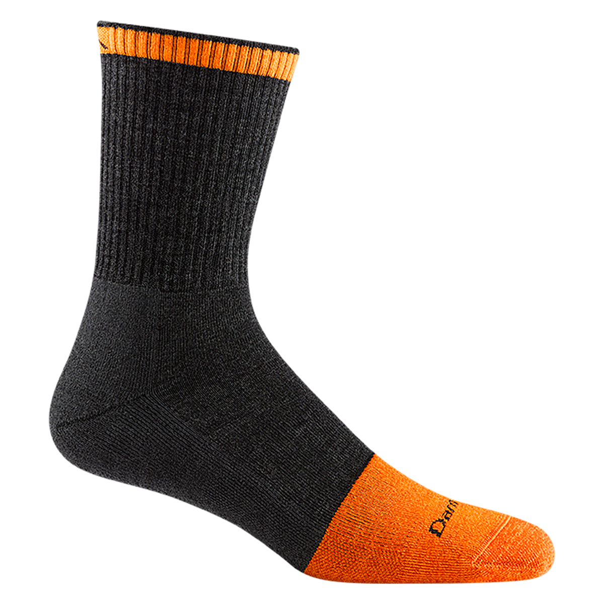 Darn Tough men's micro crew sock with orange toe cap and cuff stripe on black background