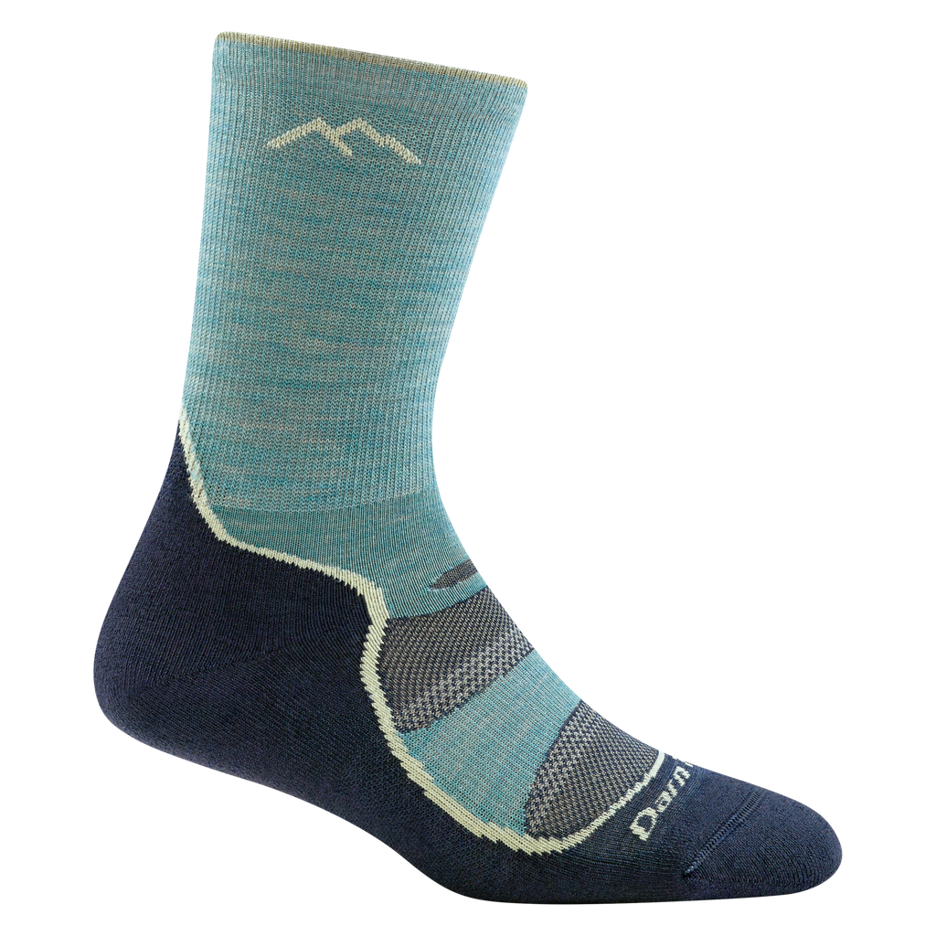 Darn Tough women's hiking crew sock with navy foot and aqua leg featuring mountain logo