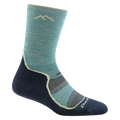 Darn Tough women's hiking crew sock with navy foot and aqua leg featuring mountain logo