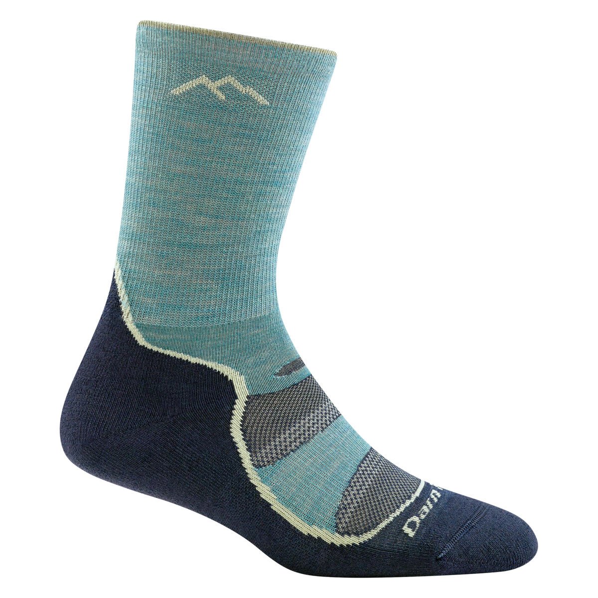 Darn Tough women's hiking crew sock with navy foot and aqua leg featuring mountain logo