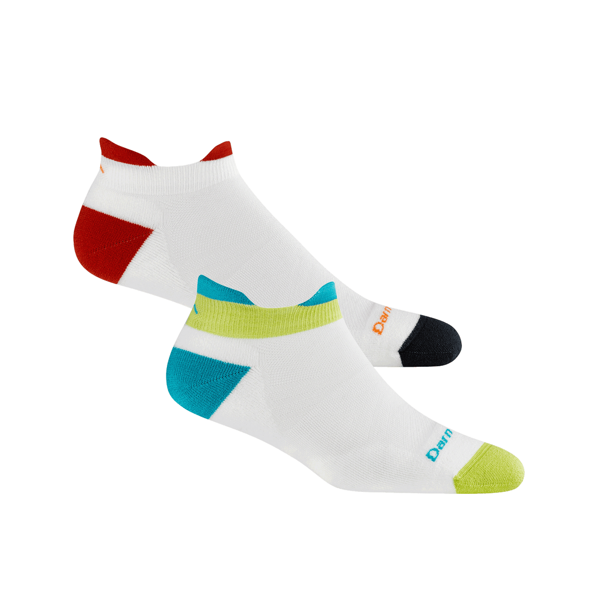 Darn Tough no-show tab running socks shown as a pair with colorful heel and toe accents