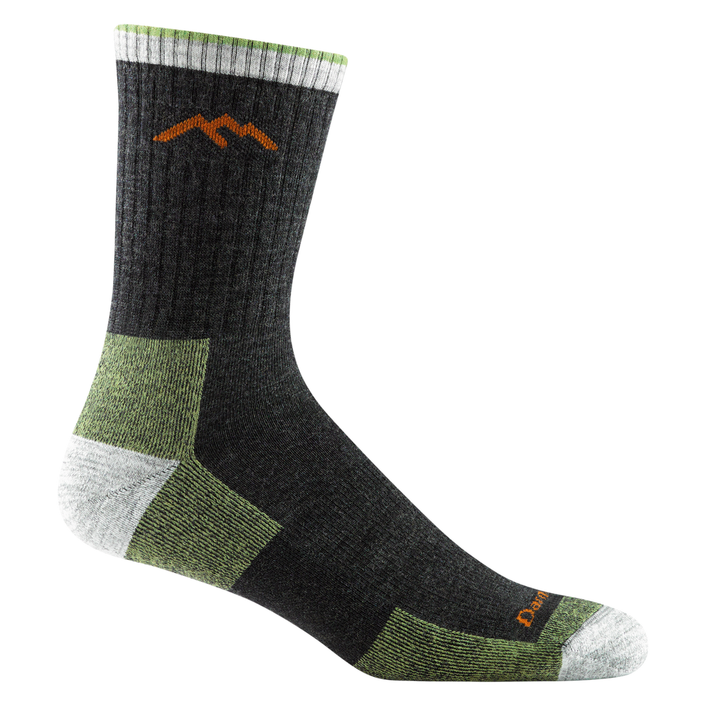 Darn Tough men's micro crew cushion hiking sock with green and gray accents