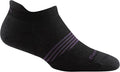 Darn Tough women's no-show tab running sock with purple accent stripes on heel