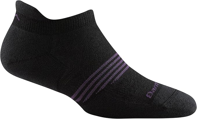 Darn Tough women's no-show tab running sock with purple accent stripes on heel