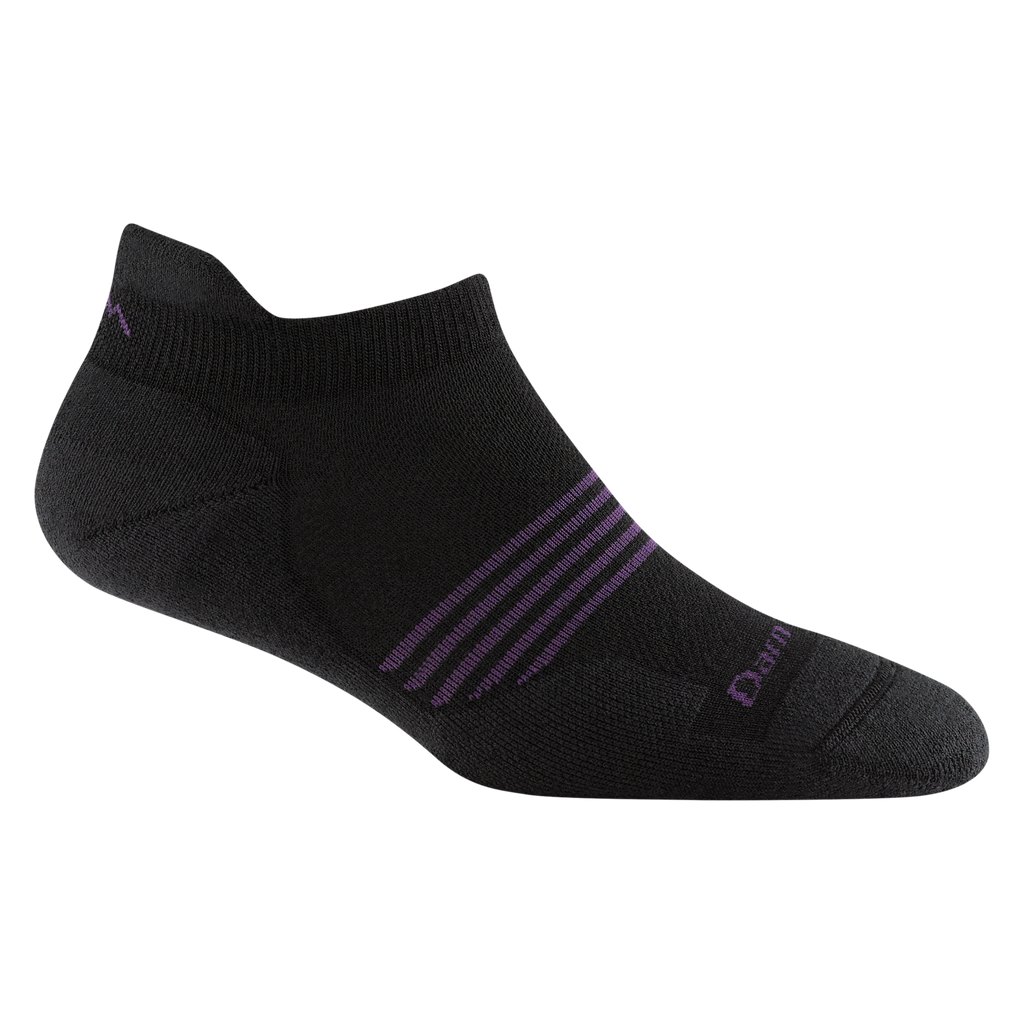 Darn Tough women's no-show tab running sock with purple accent stripes on arch