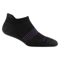 Darn Tough women's no-show tab running sock with purple accent stripes on arch