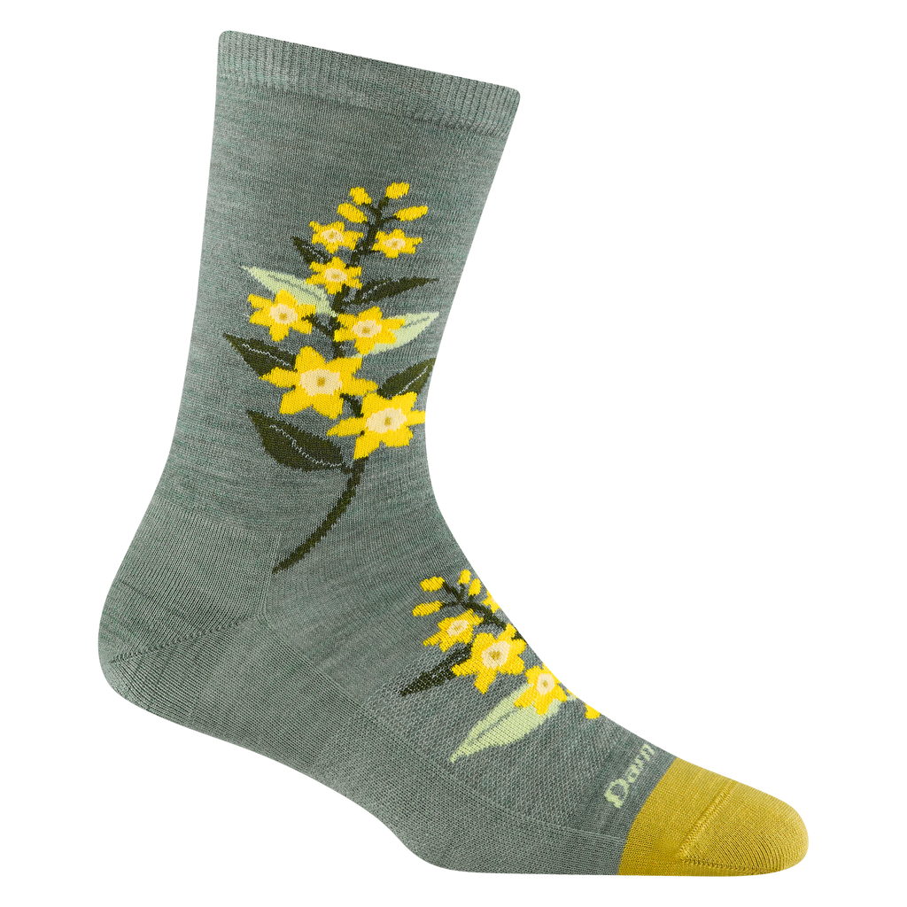 Darn Tough crew sock in seafoam with yellow floral botanical print and mustard toe