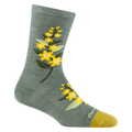 Darn Tough crew sock in seafoam with yellow floral botanical print and mustard toe