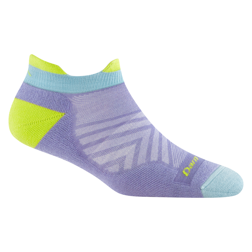 Darn Tough women's no-show running tab sock with cushion, lavender with lime and aqua accents