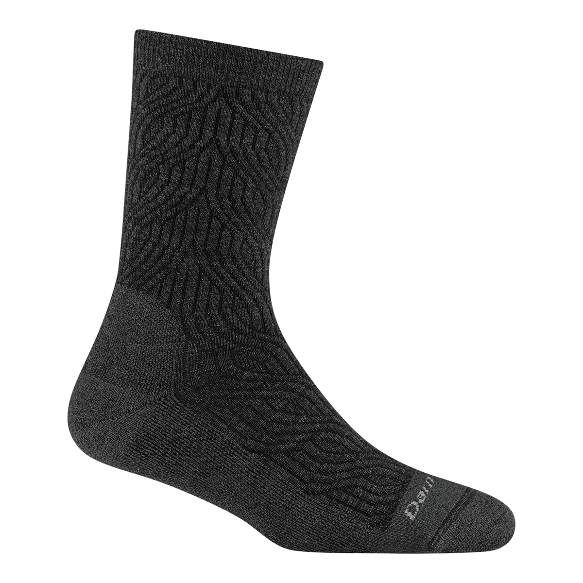 Darn Tough women's crew sock with cable knit pattern and cushioned sole on white background