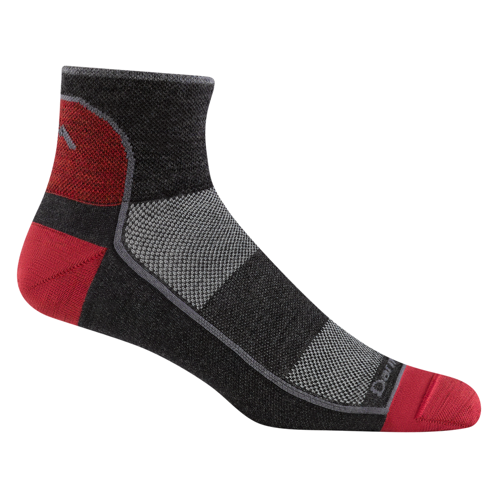 Darn Tough men's quarter-length athletic sock with red heel, toe, and ankle accent panels