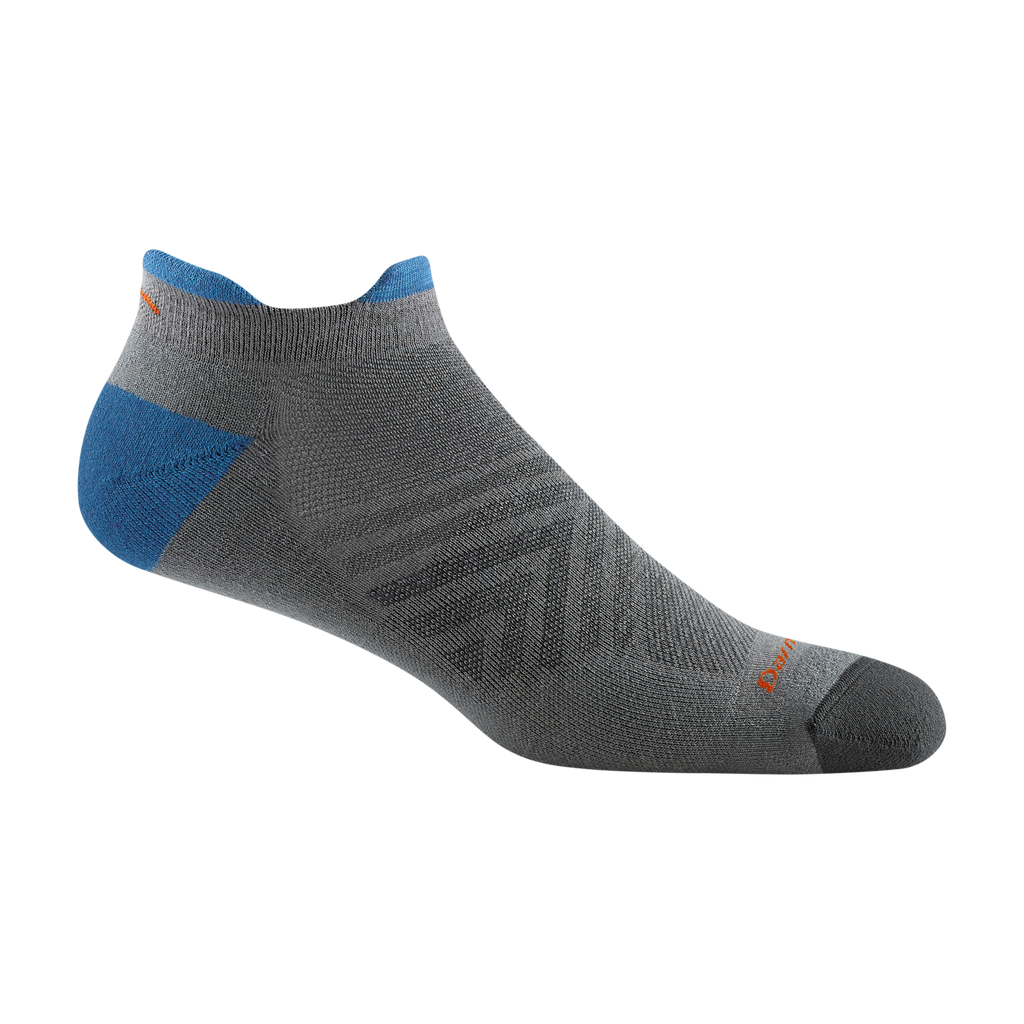 Darn Tough men's no-show tab running sock with blue heel and diamond pattern