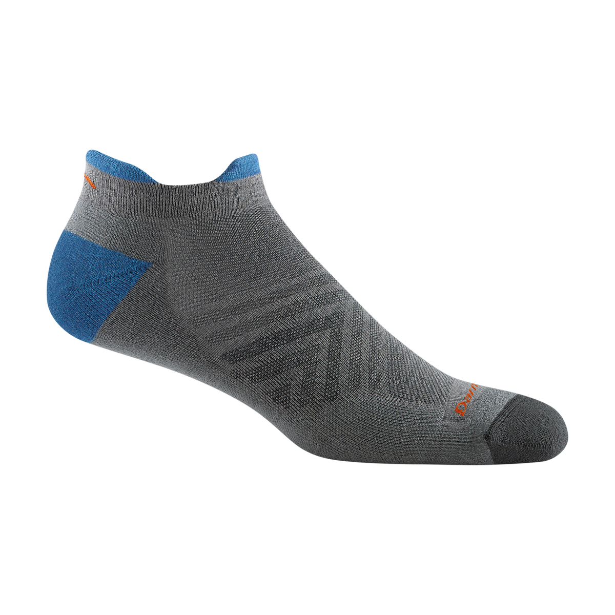 Darn Tough men's no-show tab running sock with blue heel and diamond pattern