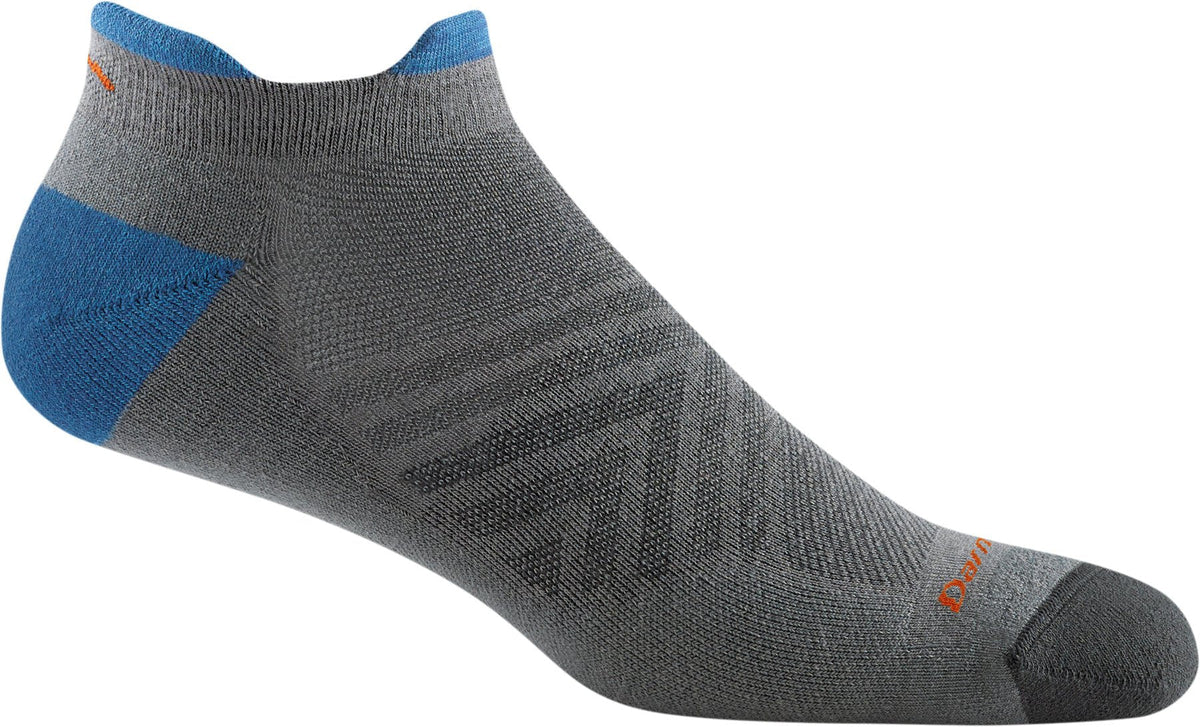 Darn Tough no-show tab running sock with blue heel and toe accents and diamond pattern