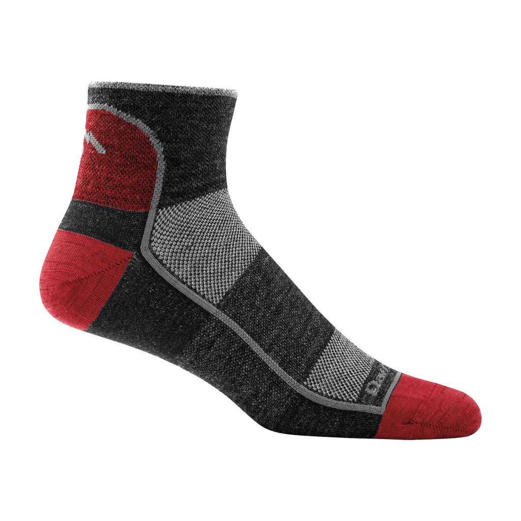 Darn Tough men's quarter-length athletic sock with red heel, toe, and ankle logo detail