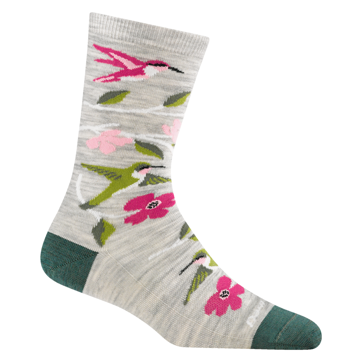 Darn Tough women's crew sock with hummingbird and pink floral pattern on light gray background
