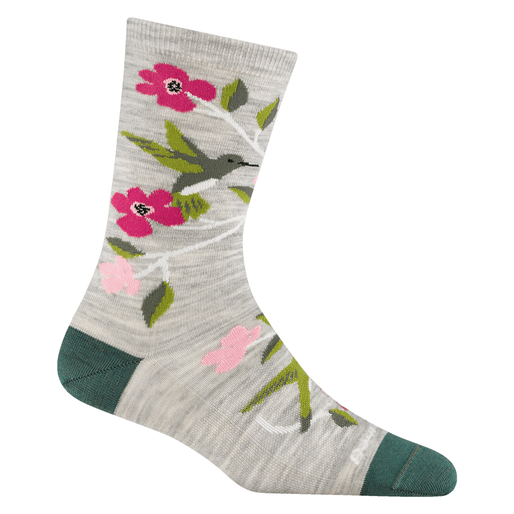 Darn Tough women's crew sock with hummingbird, pink flowers, and teal heel and toe
