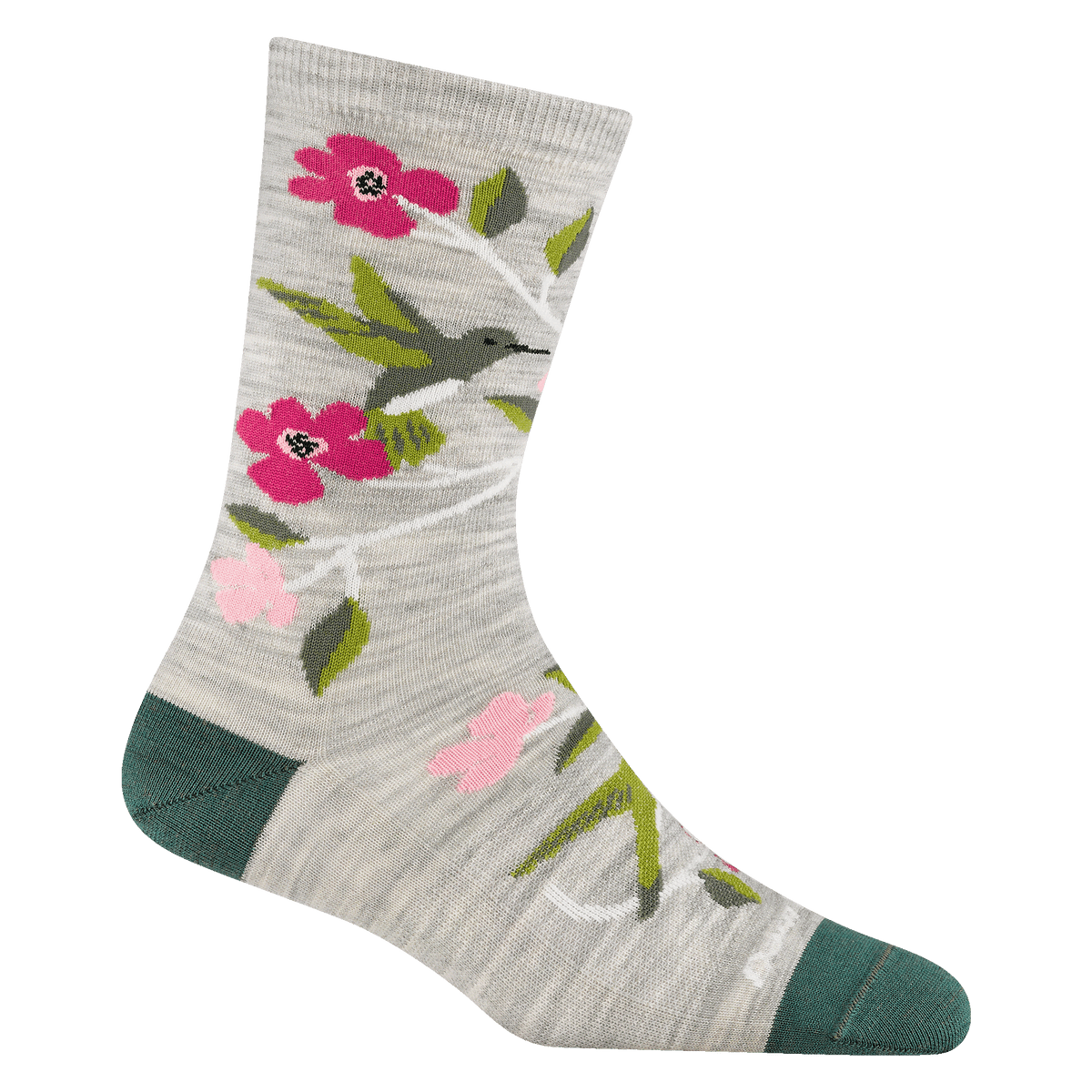 Darn Tough women's crew sock with hummingbird, pink flowers, and teal heel and toe
