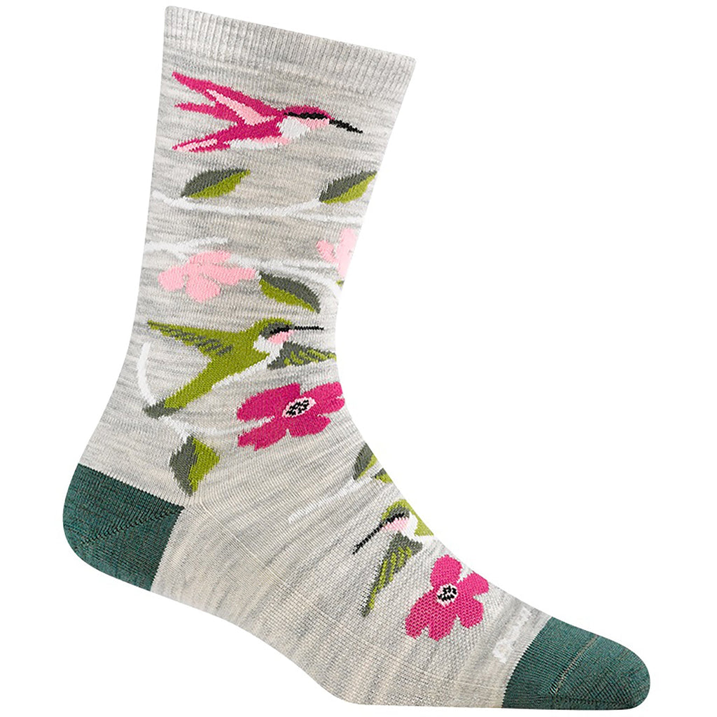 Darn Tough women's crew sock with hummingbird and floral pattern on light heathered background