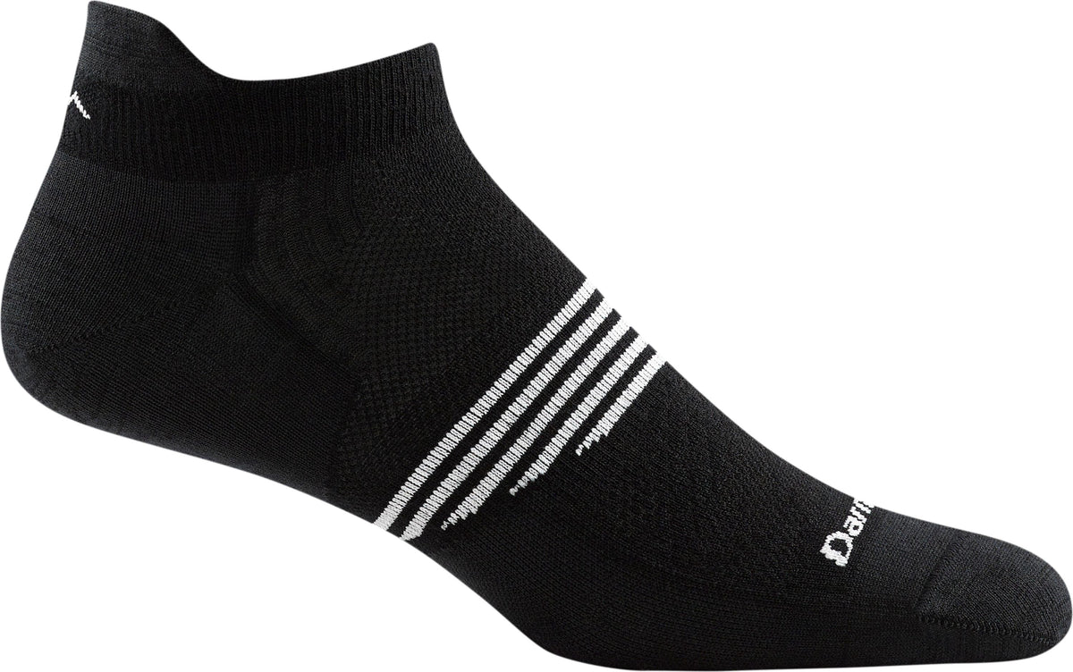 Darn Tough black no-show tab athletic sock with white stripe detail on arch