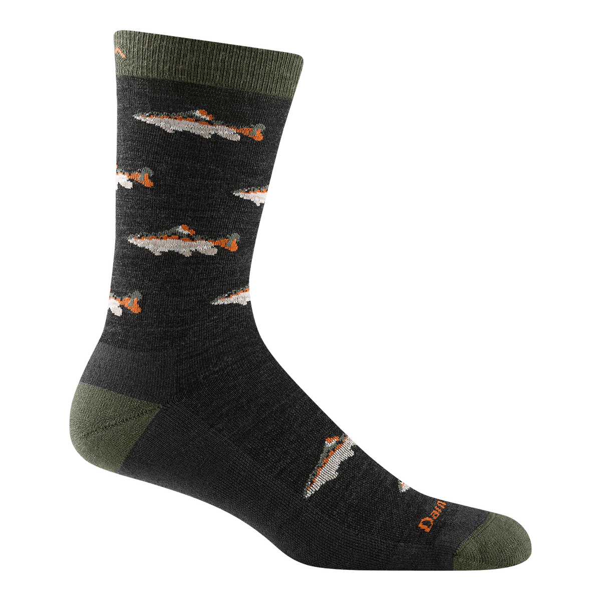Darn Tough men's crew sock with fish pattern on dark charcoal background and olive accents
