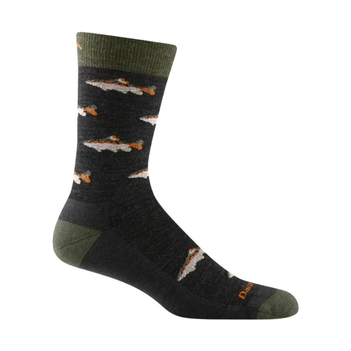 Darn Tough crew sock with fish pattern on dark charcoal background and olive green accents