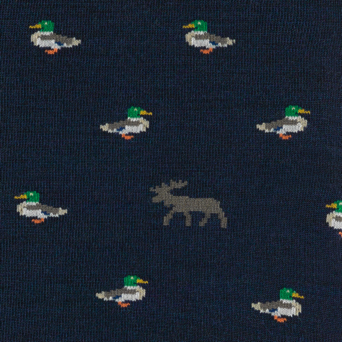 Close-up of navy knit sock fabric featuring mallard duck and moose pattern details