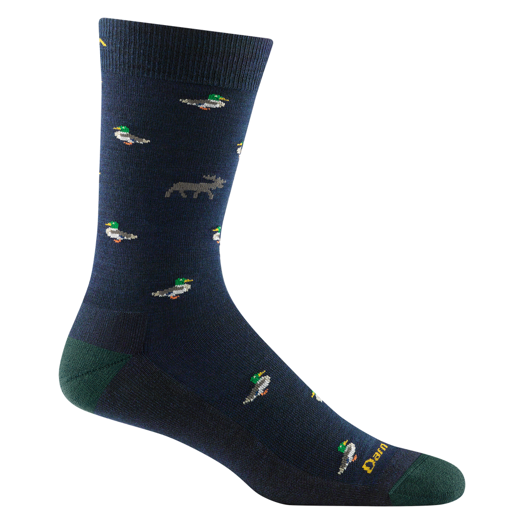 Darn Tough men's crew sock in dark navy with mallard duck and moose pattern