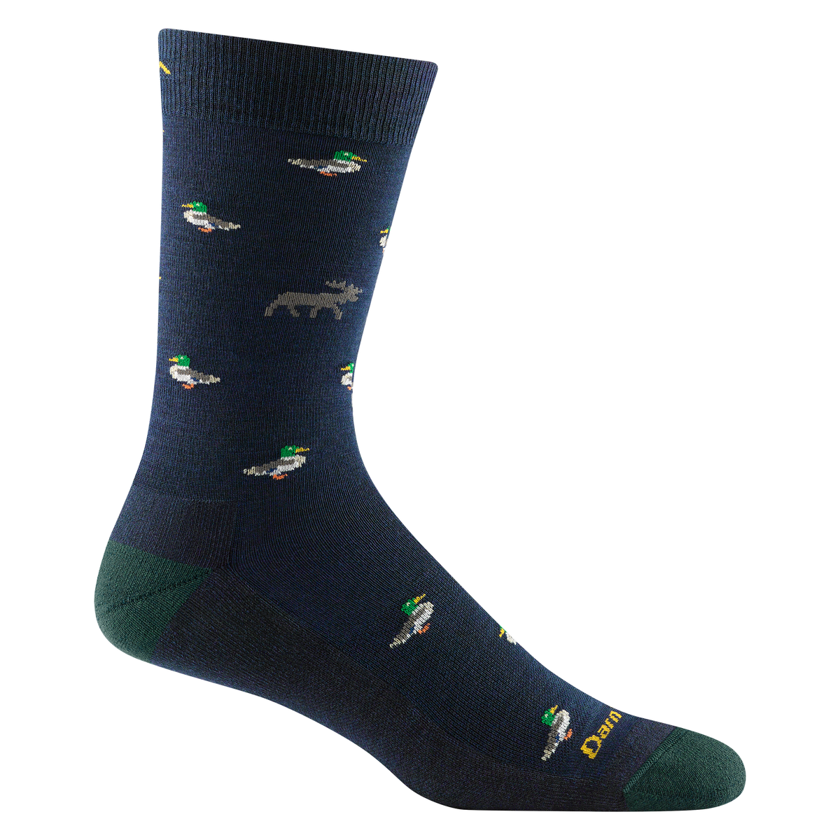 Darn Tough men's crew sock in dark navy with mallard duck and moose pattern