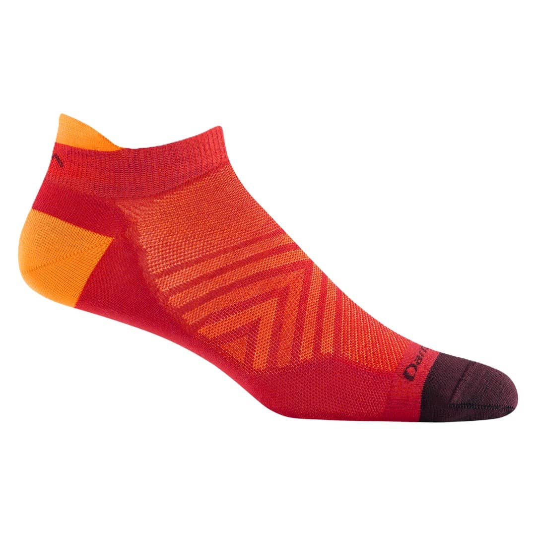 Darn Tough men's no-show running tab sock with orange heel accent and dark toe