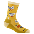 Darn Tough crew sock featuring illustrated hens, rooster, and egg pattern on golden yellow background