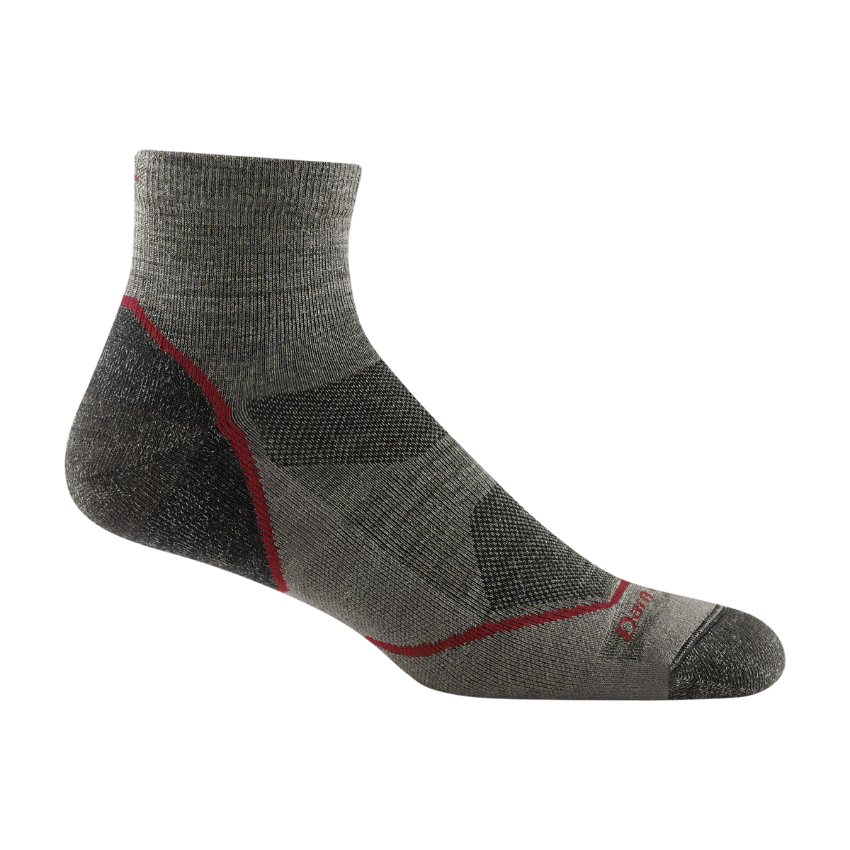 Darn Tough men's lightweight quarter-length hiking sock with red accent stitching and cushioned sole