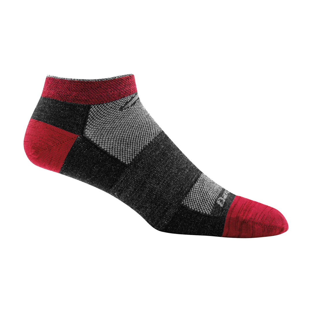 Darn Tough men's no-show low-cut athletic sock with red toe, heel, and cuff accents