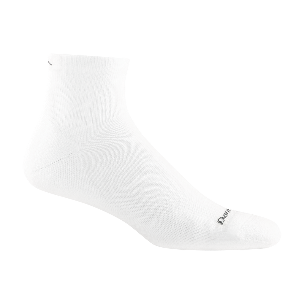 Darn Tough men's quarter-length running sock with cushioning on black background