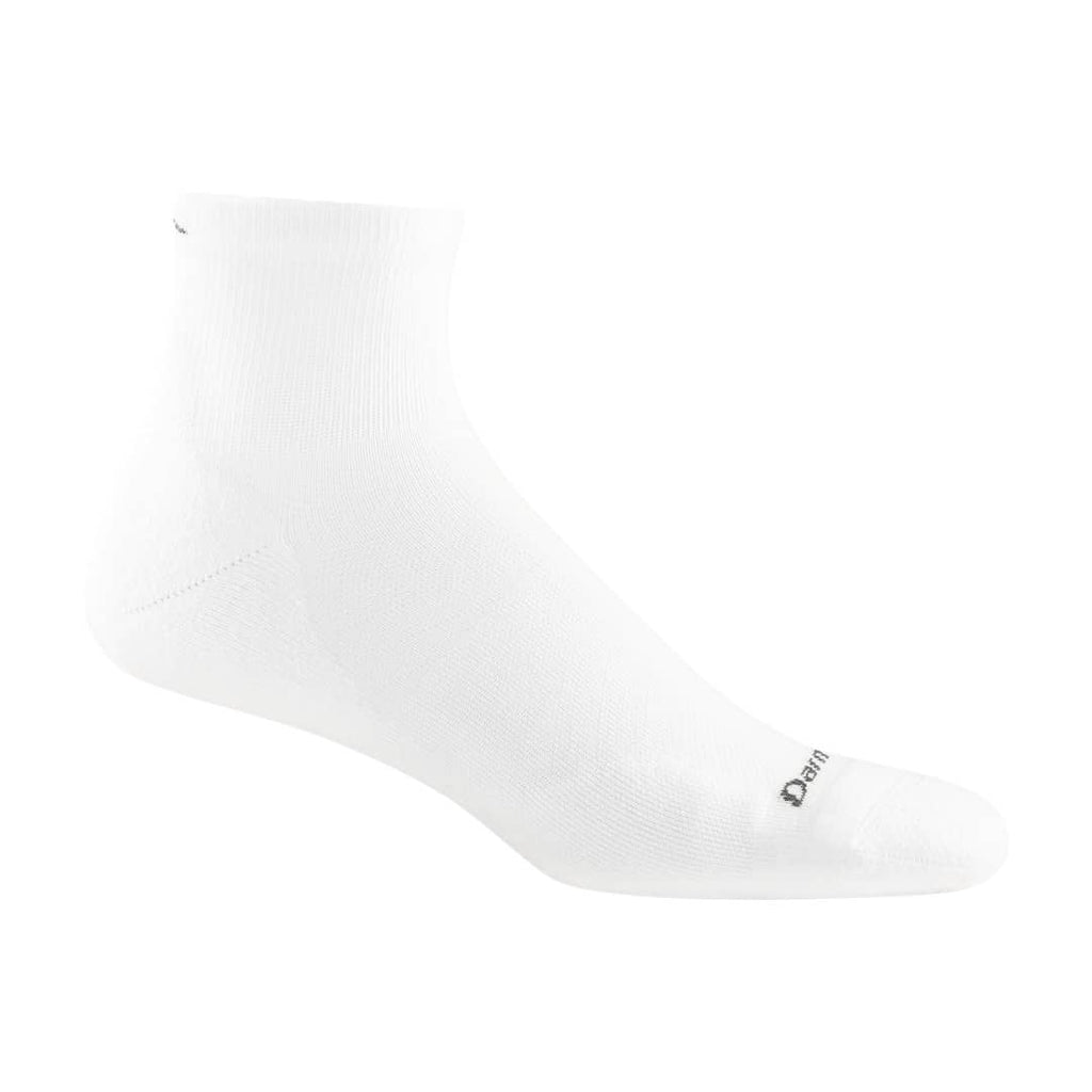 Darn Tough men's white quarter-length running sock with cushioning, side view