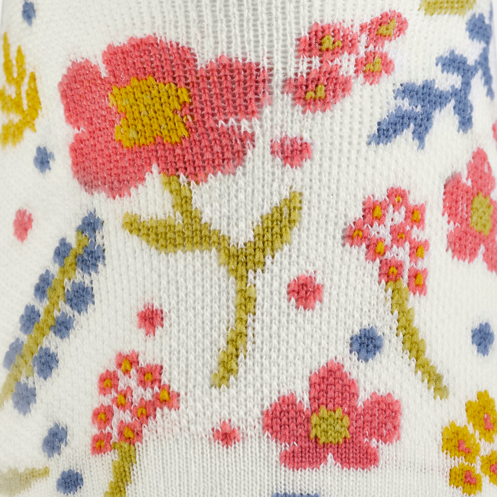 Close-up detail of floral knit pattern on white no-show socks with pink flowers