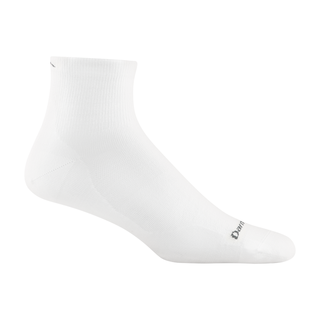 Darn Tough mens quarter-length running sock displayed on a foot form, side view