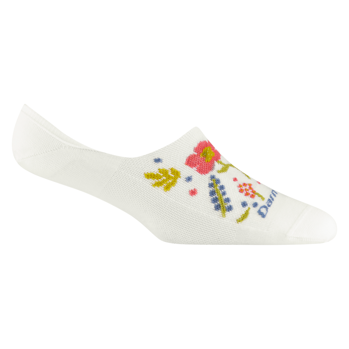 Darn Tough women's no-show liner sock with colorful floral garden pattern on white