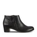Women's black leather ankle bootie with block heel and side zipper closure