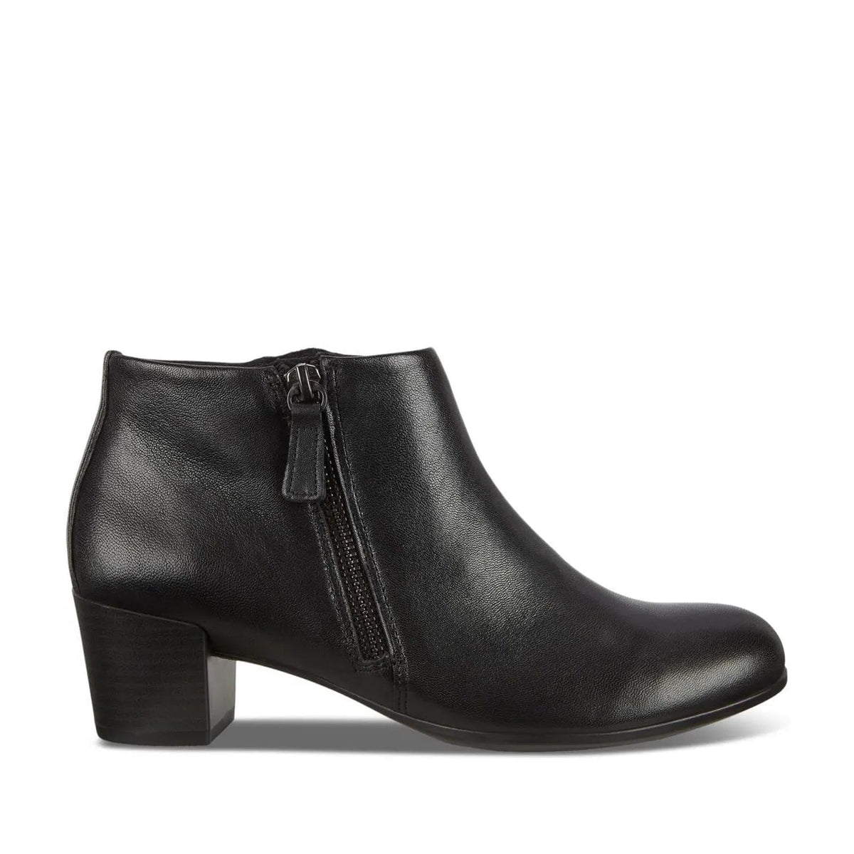 Women's black leather ankle bootie with block heel and side zipper closure