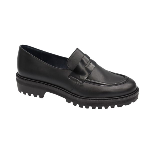 Eric Michael Captiva women's leather penny loafer with chunky lug sole, side view