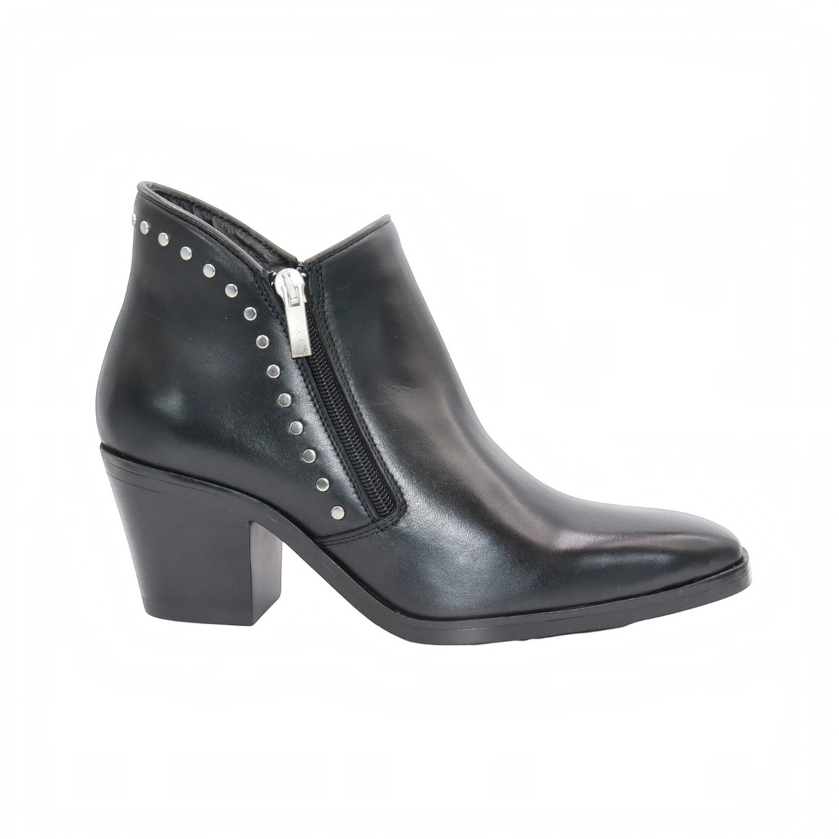 Women's leather ankle bootie with block heel, side zipper, and silver stud detailing