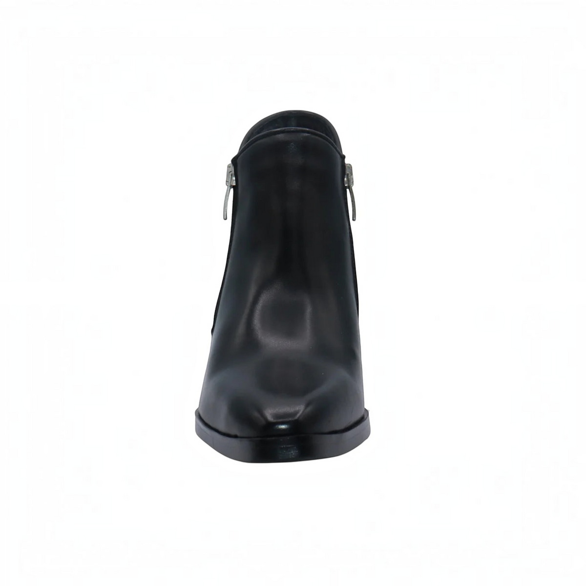 Front view of a black leather ankle boot with silver side zipper and block heel