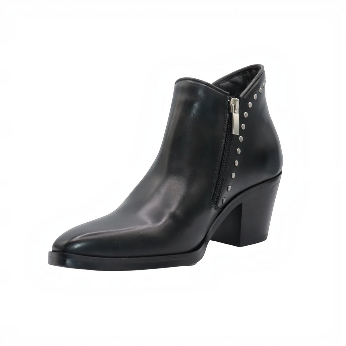 Women's pointed-toe leather ankle boot with block heel, side zipper, and silver studs