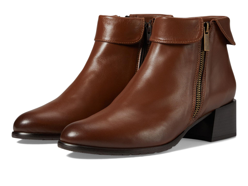 Women's leather ankle bootie with block heel, side zipper, and fold-over cuff detail